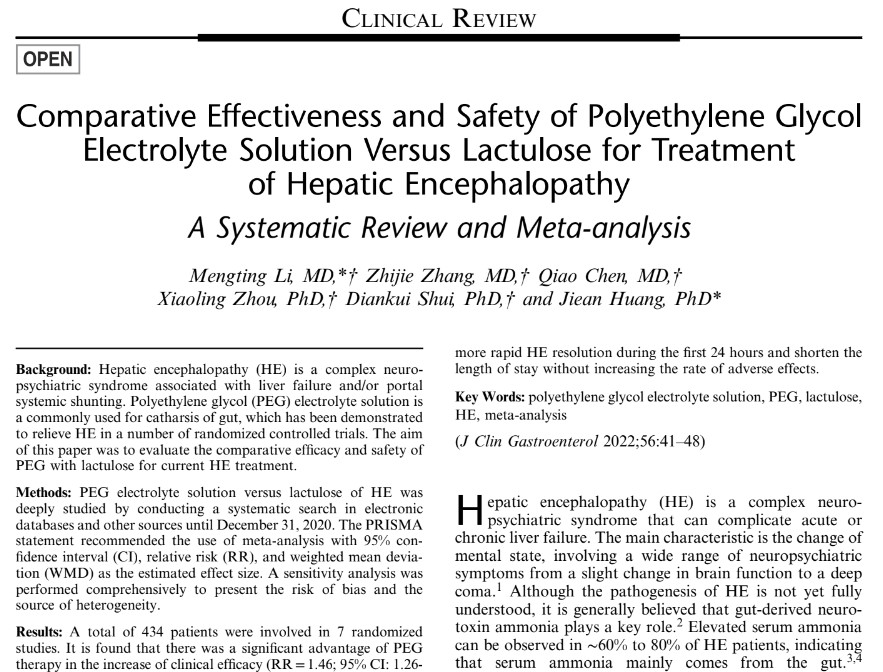 Polyethylene Glycol Electrolyte Solution Vs Lactulose for Treatment of Hepatic Encephalopathy a Systematic Review and Meta-analysis