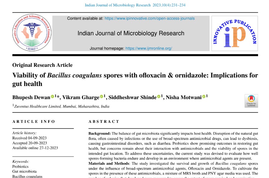 Viability of Bacillus coagulans spores with ofloxacin & ornidazole: Implications for gut health