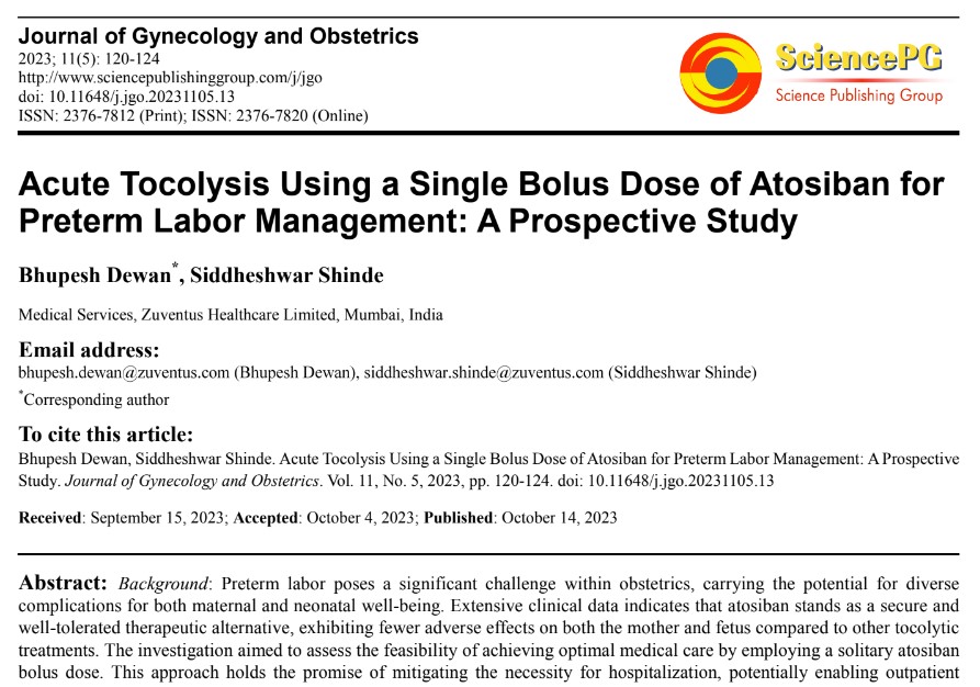 Acute Tocolysis Using a Single Bolus Dose of Atosiban for  Preterm Labor Management: A Prospective Study