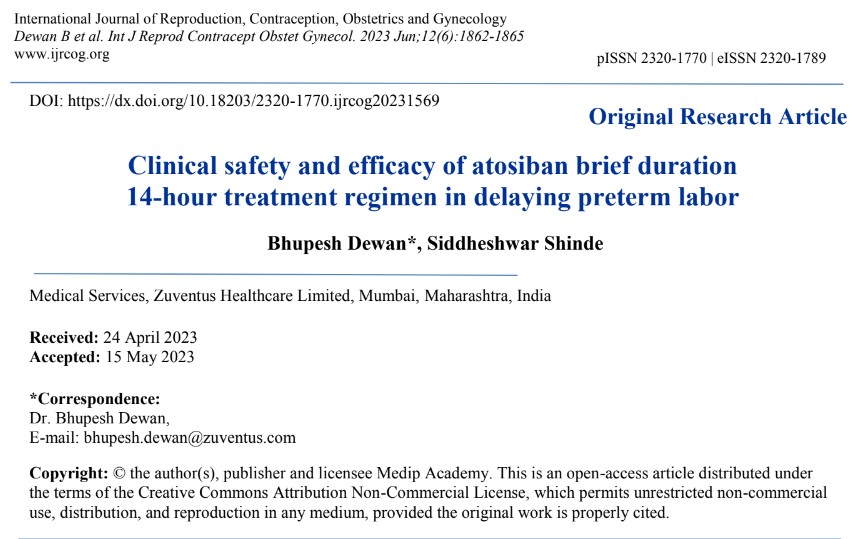 Clinical safety and efficacy of atosiban brief duration  14-hour treatment regimen in delaying preterm labo