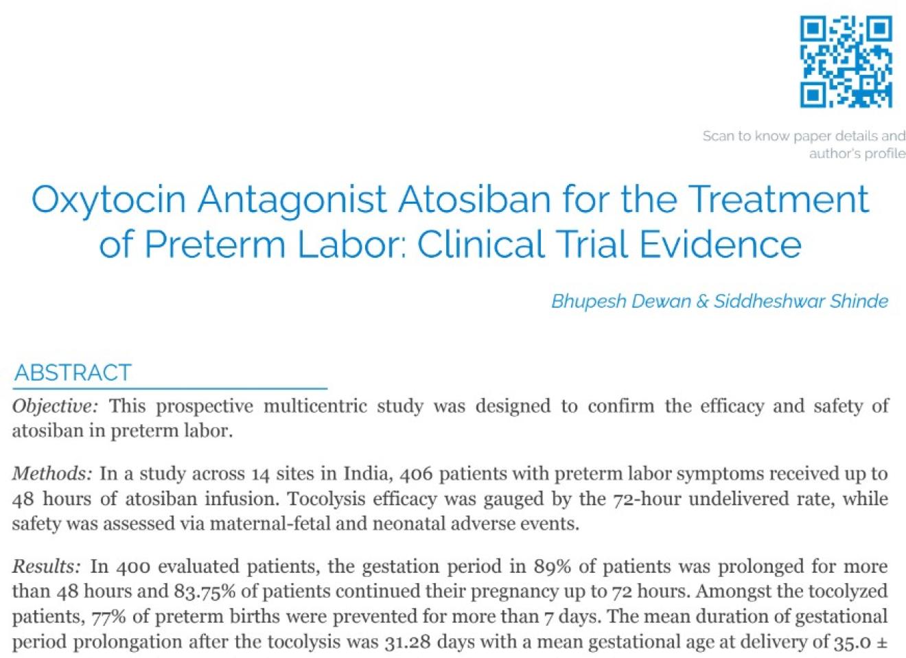 Oxytocin Antagonist Atosiban for the Treatment of Preterm Labor: Clinical Trial Evidence