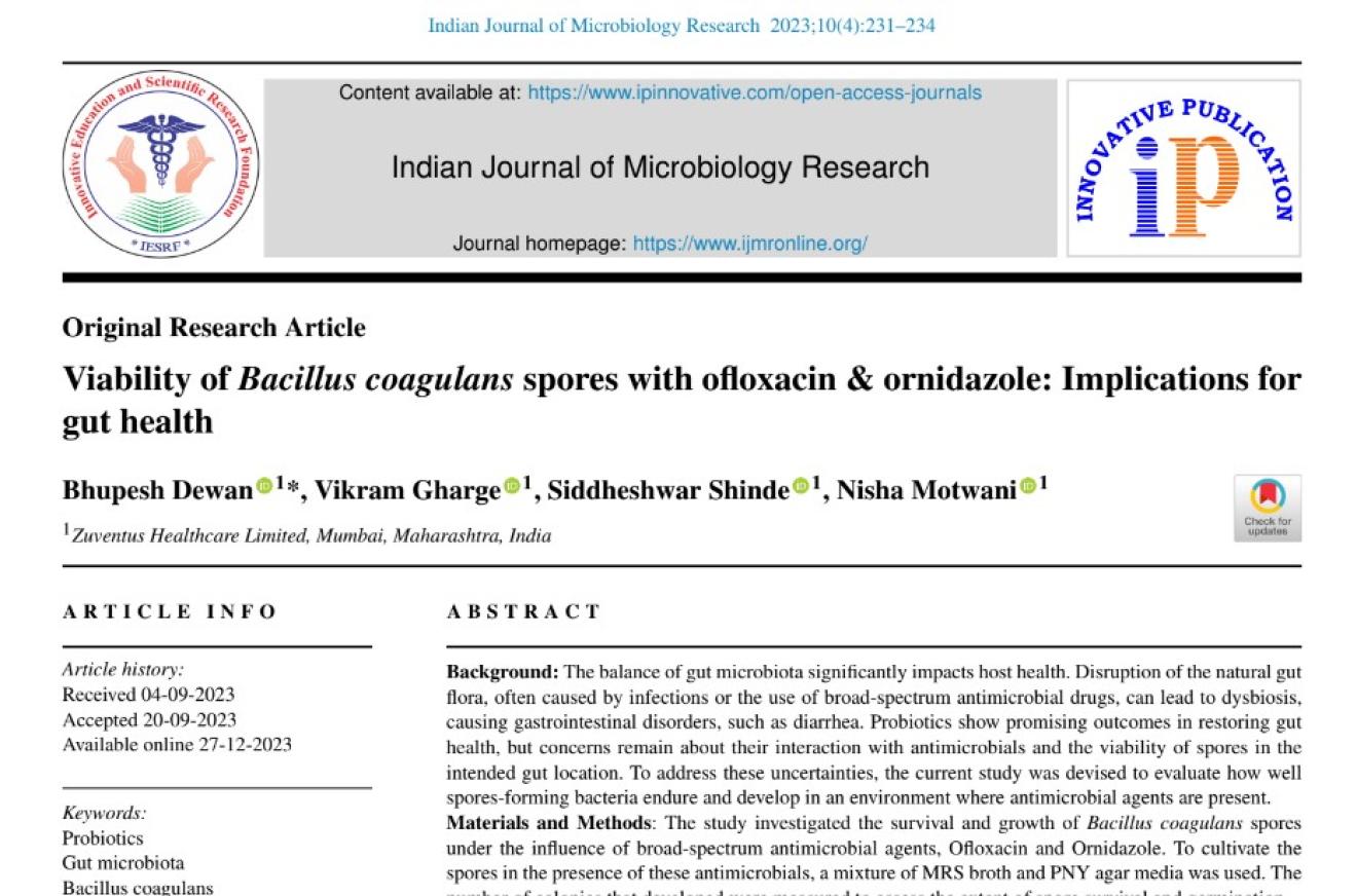 Viability of Bacillus coagulans spores with ofloxacin & ornidazole: Implications for gut health